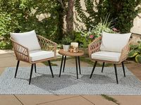 Quality Outdoor Living 65-YZ03HM Hermosa 3 Piece Chat Set, Aluminum Frame + Tan Wicker + Linen Cushions