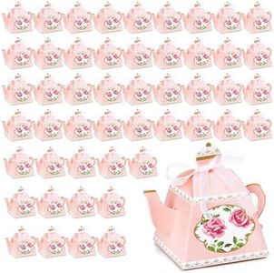 Eorbow 50 Pack Teapot Candy Boxes, Vintage Floral Teapot Box, Mini Teapot Favor Boxes with Ribbon, Pink Tea Party Favor Boxes Set for Tea Garden Wedding Bridal Birthday Baby Shower Party Decoration