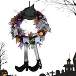 HASTHIP® Halloween Decorations for Door Halloween Wreaths for Front Door with Witch Hat Legs Pumpkin Silk Door Decor Hanging Halloween Decorations for Door, Porch, Indoor, Outdoor, Window