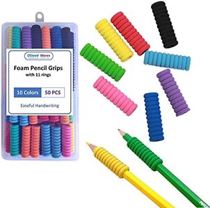 OSteed 50 Pcs Foam Pencil Grips of 11 Rings for Kids Handwriting without Tears, Classroom Essentials, 10 Colours Pencil Holders for Adults Relieving Fingers Fatigue