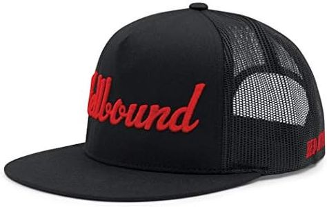 Hellbound Trucker Cap for Men – Flat Bill Mesh Snapback Hat – 5-Panel Black Cap with Bold Red Hellbound Front – One Size Adjustable – Cotton/Poly/Nylon Blend – Outdoor Summer Baseball Hat