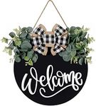 Welcome Sign for Front Door Porch Decor Farmhouse Wreath Wall Decor Φ30cm Round Wooden Hanging Housewarming Home Decor for Home Outdoor Indoor (Black)