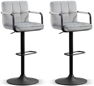 Furniliving Bar Stools Set of 2 with Armrest, Adjustable Square Velvet Barstools for Kitchen Counter, 360°Swivel Counter Barstools for Dining Room(Grey)