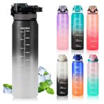 SEASEVEN Sports Water Bottle 1L,Plastic Drinks Bottle,1 Litre Water Bottles with Time Markings,Waterbottle Leak-Proof & Bpa-Free for Gym,School, Office, Outdoor(No Straw)