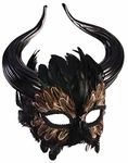 MIMIKRY Mythological Halloween Costume Mask - Minotaur Mask with Bull Horns and Feathers, Black/Brown, Adult Unisex