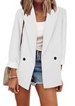 OMZIN Women Casual Blazers Open Front 3/4 Sleeve Ruched Cardigan Work Office Suit Jacket White L