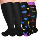 NEWIROVE 4 Pairs Plus Size Compression Socks Wide Calf Compression Socks 3Xl Support Socks Women Travel Flight Socks Large Calves For Women Men Travel Fitness and Work, Style-Heart