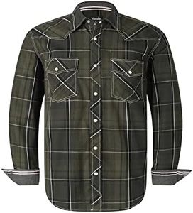 VENZULIA Men's Western Snap Shirt Long Sleeve Regular Fit Plaid Shirts, Military, 3X-Large