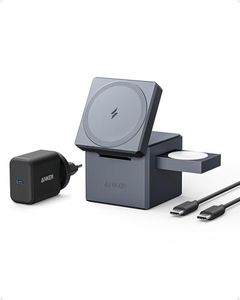 Anker MagGo Caricatore Wireless iPhone Cube 3 in 1 con MagSafe 15W, Caric Wireless Richiudibile Ricarica Rapida Max 15W, iPhone 17/16/15/14, Apple Watch Series, AirPods Pro/3/2 (con Caric USB C 30W)