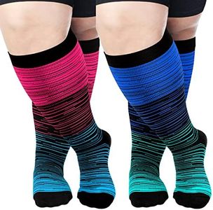 Aoliks Graduated Plus Size Compression Socks for Women & Men, Wide Calf Extra Large Knee High Socks for Diabetic Travel XXXL, 05 Red/Blue