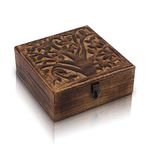 Great Birthday Gifts Handmade Decorative Wooden Jewelry Box With Tree Of Life Carving & Lock & Key Jewelry Organizer Keepsake Box Treasure Chest Trinket Holder Watch Box Storage Lock Box 6 x 6 Inches