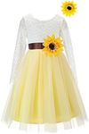 Bow Dream Lace Tulle Flower Girl Dresses V Back Backless Wedding Party Dress with Headband, Sunflower Yellow Long Sleeve, 4