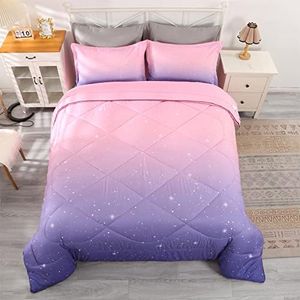 Wowelife Glitter Comforter Set Pink Queen 5 Pieces Galaxy Bedding Set Kids Bedding Set Bed in a Bag for Girls with Comforter, Flat Sheet, Fitted Sheet and 2 Pillowcases, Pink Purple