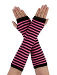 sourcing map Women's Fingerless Gloves Printed Elbow Length Knitted Arm Warmers Black With Pink One Size