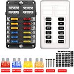 Kofarrten 12 Way Blade Fuse Block, 12V Automotive Fuse Box Holder, Waterproof Cover with Negative Bus Fuse Panel LED Indicator for Automotive Car Truck Boat Marine RV Van