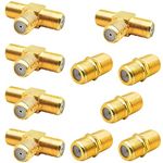 10 Pack RG6 Coax Coaxial Cable Extender and F Type RG6 Female to 2 Female 3 Way Coax Cable T Splitter Adapter, Coaxial Cable Connector T Shape and Female to Female for TV Video VCR Antenna Satellite