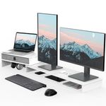 Fenge Dual Monitor Stand with Drawer Computer Monitor Stand Riser - 2 Shelf with Adjustable Length and Angle, Wood Monitor Stands for 2 Monitors, Laptop PC, Computer, Printer, Desktop Organizer, White