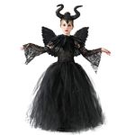 IBTOM CASTLE Maleficent Costume Kids, Girls Evil Queen Fancy Dress Up Princess Tutu Dress Horns Headband Wings Child Magic Wizard Halloween Cosplay Masquerade Outfit #Black（5pcs） 8-10 Years