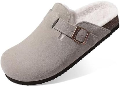 KIDMI Women's Fur Lined Suede Clogs Fuzzy Cork Footbed Mules Slip On Winter Potato Shoes, Grey 40 (Size 8.5-9)