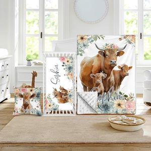 Duckbe Custom Crib Bedding Set - Highland Cow Design Personalized Name Baby Nursery Bed 3 Pcs Set - Chic Soft Blanket with Dotted Backing, Sheet, Pillowcase for Newborn Girls Boys Gifts Color03