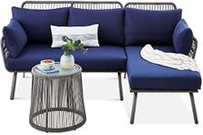 Best Choice Products Outdoor Rope Woven Sectional Patio Furniture L-Shaped Conversation Sofa Set for Backyard, Porch w/Thick Cushions, Detachable Lounger, Side Table - Gray/Navy