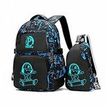 Pawsky Skateboard Anime Luminous Backpack School Backpack with USB Charging Port for Teen Boys, College School Bookbag Lightweight Laptop Bag with Sling Bag Set, Blue