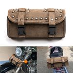 Motorcycle fork bag, universal handlebar tool bag, roll barrel bag, brown PU leather side bag, decorative with rivets for sissy bar, rear carrier (brown)