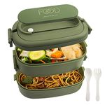 OITUGG 2 Layer Lunch Box - 1550ml Bento Box with Cutlery Set - 3 Compartments Lunch Box for Adults Men Women, BPA-Free, Microwave Safe, 19.2x11.5x12cm, Green