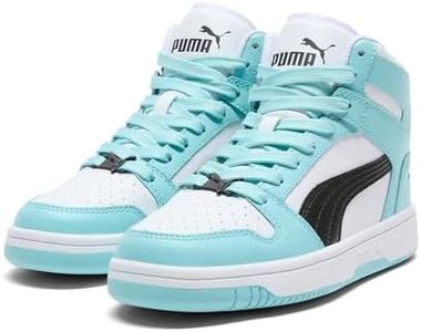 PUMA Unisex-Child Rebound Layup Mid, PUMA White-PUMA Black-Safe Lake, Big Kid 4.5