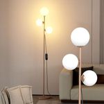 Hisummer Mid Century Modern Floor Lamp for Living Room Easy to Install, 3 Globe Lights Tall Gold Floor Lamp with Glass Shades and Bulbs, Dimmable Standing Lamp Vintage Floor Lamps for Bedroom Office