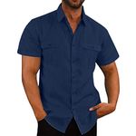 Cotton Linen Short Sleeve Shirts Men Fashion Vacation Double Pockets Casual Lapel Button Down Shirts Comfy Summer Top, A01_navy, Large