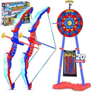 TIGTECGAME Bow and Arrow for Kids with Standing Pop-Up Target, 2 Pack LED Light Up Archery Toys with 20 Suction Cup Arrows, Indoor Outdoor Sports Games & Birthday Gifts for Boys Girls Ages 4-12