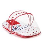 LuvLap Baby Bed With Thick Baby Mattress with Mosquito Net With Zip Closure & Neck Pillow, Baby Bedding For New Born, 3M+, Stars Print, Baby Sleeping Bed Of 78X45X40Cm Size White & Red, Cotton, Canopy