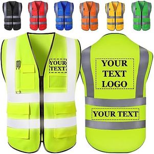 Custom Safety Vest Personalized Logo/Text/Name Customize High Visibility Vests with Pockets and Zipper Bulk for Women Men Work-Flurogreen