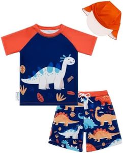 babygoal Little Boy Dinosaur Swimsuit 3-Piece for 3-4T Kids, Bathing Suit Set, Short Sleeves with Pants and Hat for Swim Lessons and Beach,YZK01-5-6Y-B