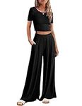 Ekouaer Women's 2 Piece Lounge Sets Ribbed Knit Crop Top Wide Leg Pants with Pockets S-XXL