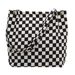 Corduroy Tote Bags for Women Reusable Grocery Shopping Shoulder Go-to Everyday Bag with Canvas Lining for Work Travel,Checkered Black