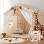 besrey 2 in 1 Play Tent for Kids with Mat and Lights, Kids Tent indoor | Bed Tent Princess Tent, Large Kids House Indoor & Outdoor,Kids Playhouse with 2 Doors for Toddler beige