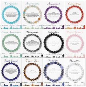 CASDAN 12Pcs Crystal Bracelets for Women Men 8mm Round Stone Beaded Bracelet Semi-Precious Gemstones Bracelet Energy stone Stretch Bracelet Jewelry Gifts