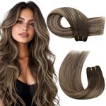 Moresoo Sew in Hair Extensions Real Human Hair Remy Straight Weft Hair Extensions Human Hair Balayage Dark Brown to Caramel Blonde Full Head 18Inch 100G