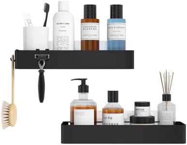 Kitsure Adhesive Shower Caddy - 2 Pack Rustproof Shower Rack, Drill-Free & Quick-Dry Shower Shelf for Inside Shower with Large Capacity, Durable Stainless Steel Shower Caddy with 4 Hooks, Black