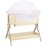 Larex Next To Me Crib,Baby Bassinet Bedside Sleeper Crib Co Sleeper with Mosquito Net, Storage Bag & Basket,Baby Crib with 5-Height Adjustable Levels, Breathable Mattress & Mesh(Khaki)