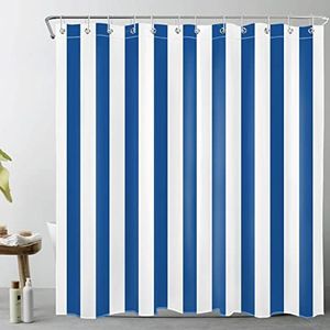 LB Stripe blu navy Tenda Doccia 180x200cm Linea blu e bianca Tende da Bagno con Ganci, Semplice geometria minimalista Extra Lungo Impermeabile Antimuffa Poliestere Casa Decorazione