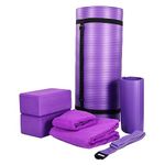 BalanceFrom 7-Piece Home Gym Yoga Set with 1-Inch Thick Yoga Mat, 2 Yoga Blocks, Mat Towel, Hand Towel, Stretch Strap & Knee Pad, Purple