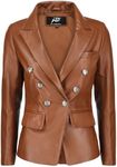 Jild Double Breasted Fancy Buttons Lambskin Leather Blazer Women - Kim Kardashian Long Sleeve Coat Style Leather Jacket Women (FC-Cognac-S)