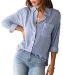 SEAUR Women Button Down Shirts Striped Classic Top for Office Casual L Blue