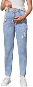 BEAUDRM Women's Maternity Casual High Waist Zipper Ripped Jeans Pants Trousers Mom Fit Denim Pants Light Wash Large