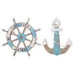 Asense Set of 2-17.4" Nautical Beach Wooden Ship Steering Wheel and 15.1" Wood Anchor with Rope, Boat Steering Rudder Wall Decor Door Hanging Ornament Beach Theme Home Decoration, Blue & White