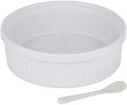 Souffle Dish Ramekins for Baking –32 Oz, 1 Quart Large Ceramic Oven Safe Round Fluted Ramekin Bowl with Mini Condiment Spoon for Soufflé Pot Pie Casserole Pasta Roasted Vegetables Baked Desserts White