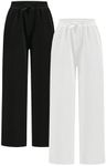 Floerns Girl's 2 Pcs Elastic Waist Wide Leg Athletic Running Sweatpants Black and White 12Y